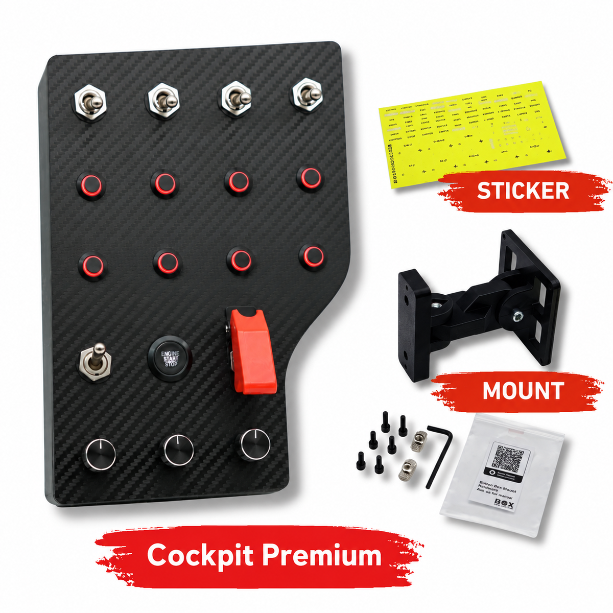 Cockpit Premium Bundle — box, mount with hardware and simracing stickers